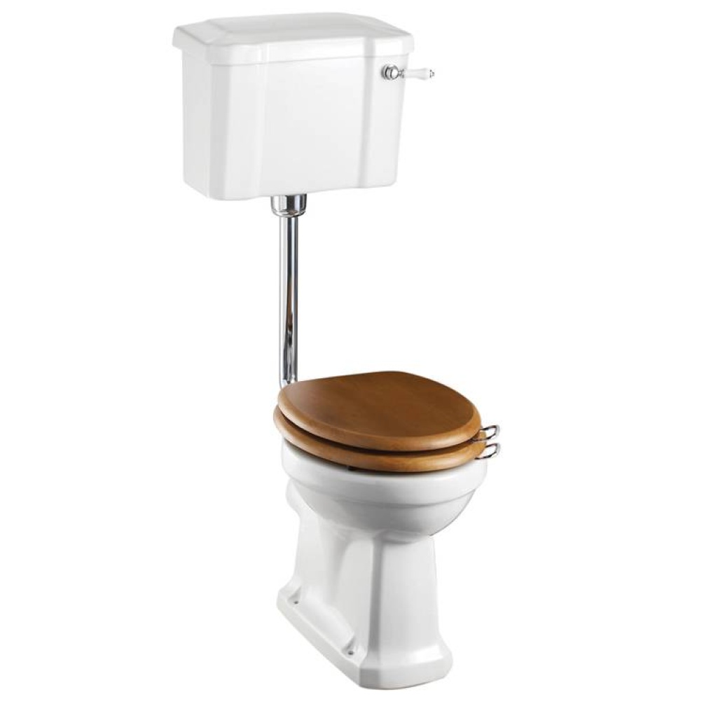Product Cut out image of the Burlington Slimline Low Level Toilet with an Oak Toilet Seat