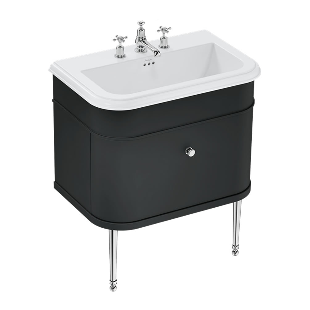 Burlington Chalfont 750mm Ceramic Basin (3 Tap Holes) With Black Vanity Unit & Chrome Legs
