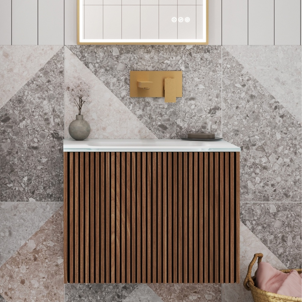 Product Lifestyle Image of Crosswater Limit 600mm Royal Walnut Anthracite Wall Hung Vanity Unit and 0TH Basin LM6000DRWAN GL0610SIW