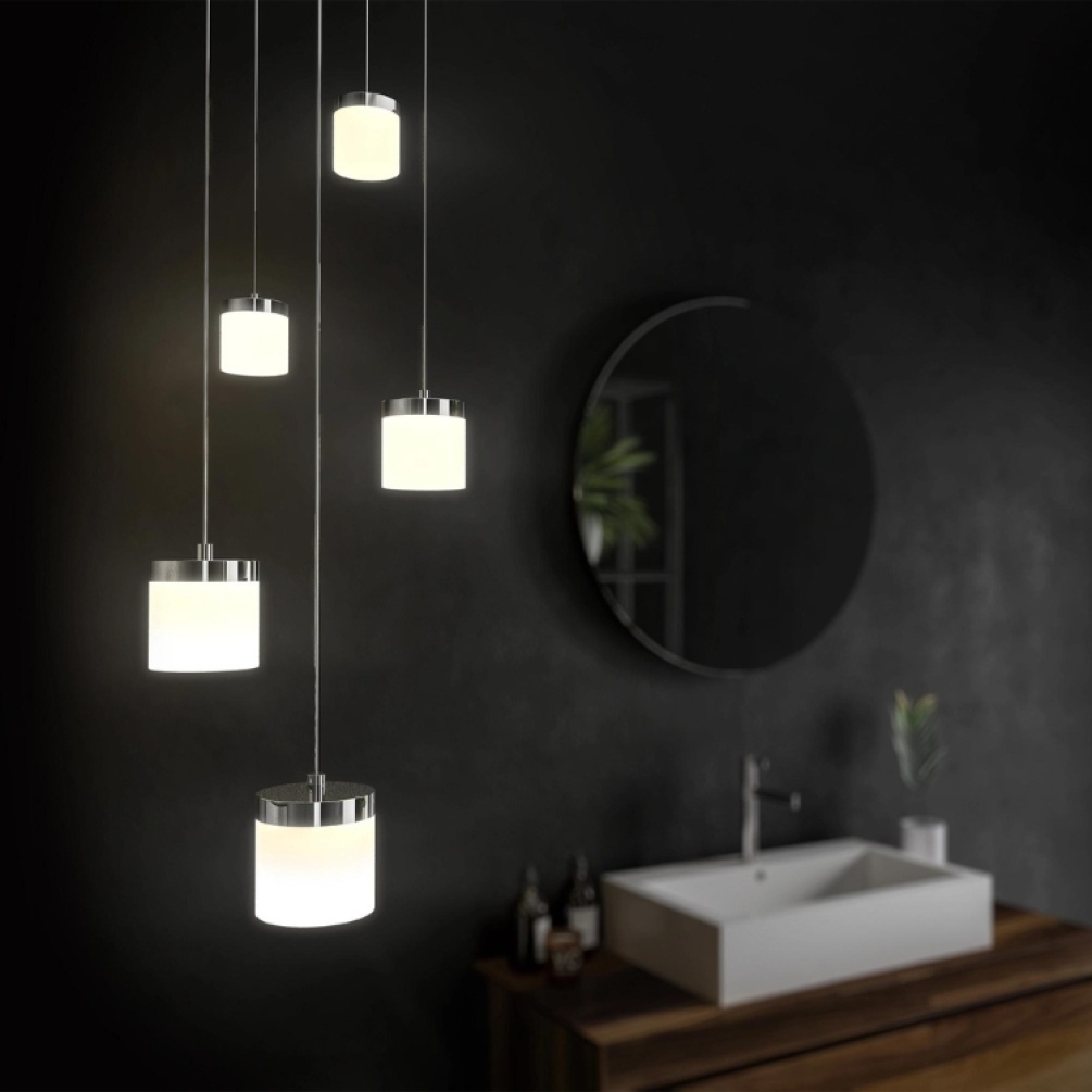 Close up product lifestyle of five HIB Peak LED Pendant Lights hung at various heights