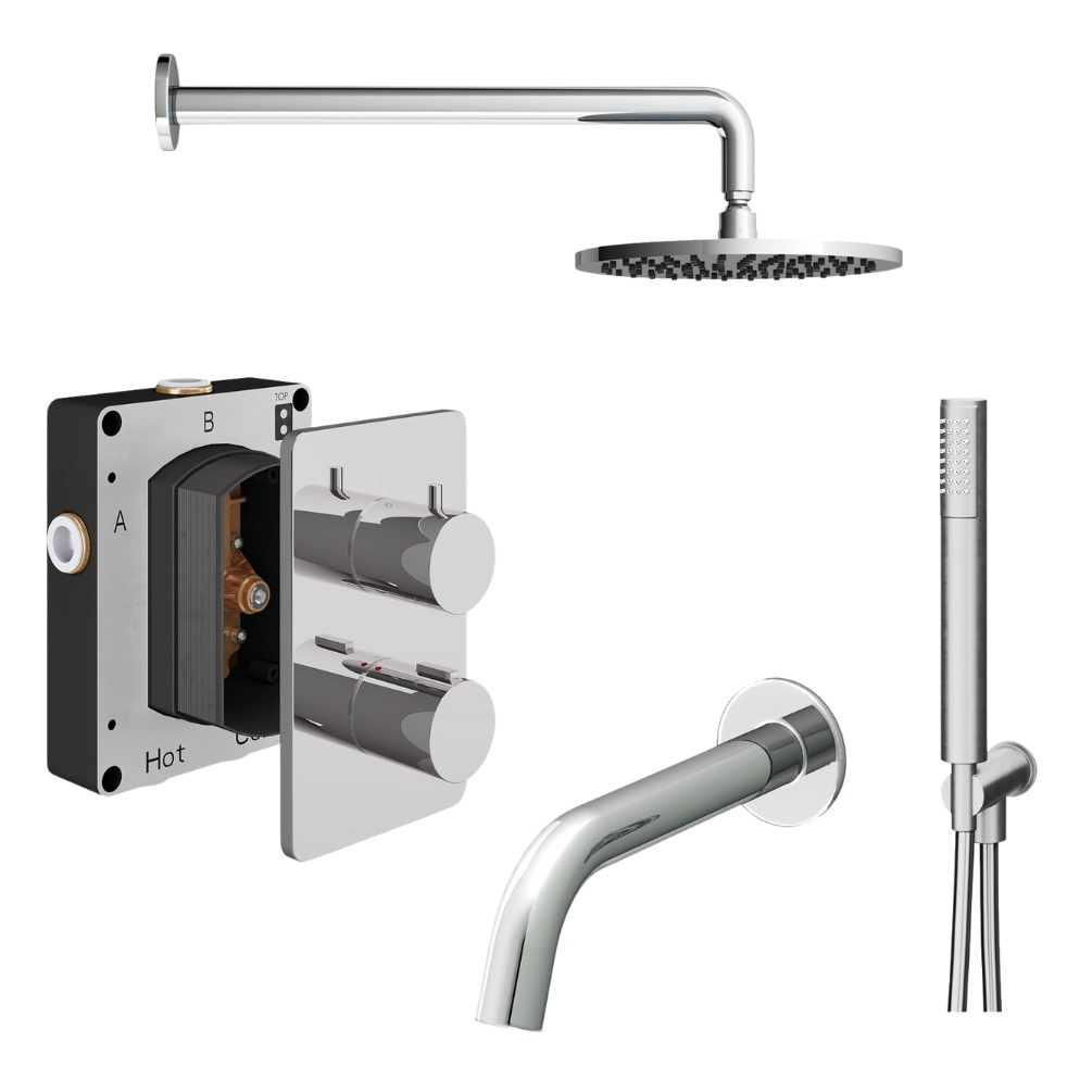 Product Cut out image of the Abacus Iso Chrome 3 Outlet Shower Pack with Bath Spout & Handset