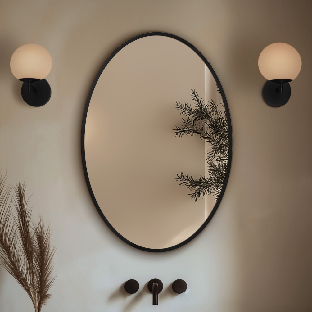 Origins Living Delphine Matt Black 550 x 800mm Oval Mirror Lifestyle