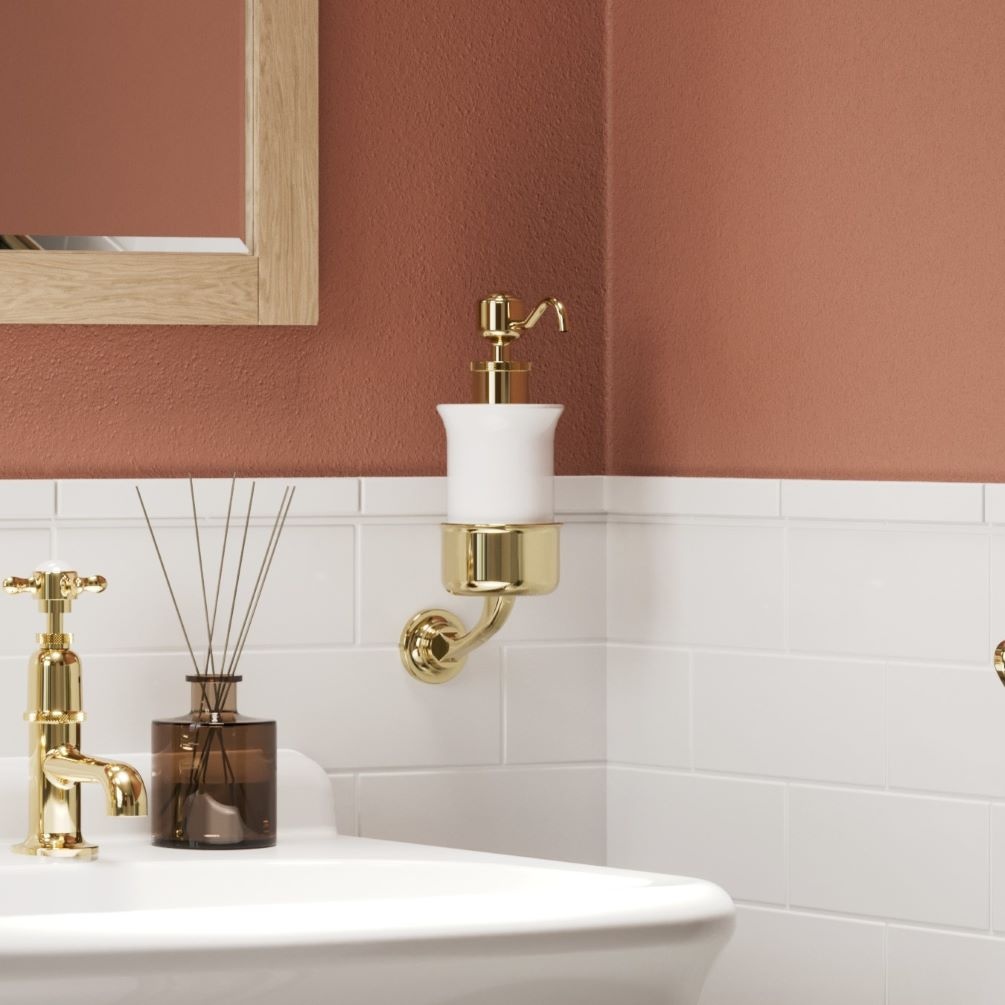 Lifestyle image of Burlington Guild Gold Wall Mounted Soap Dispenser