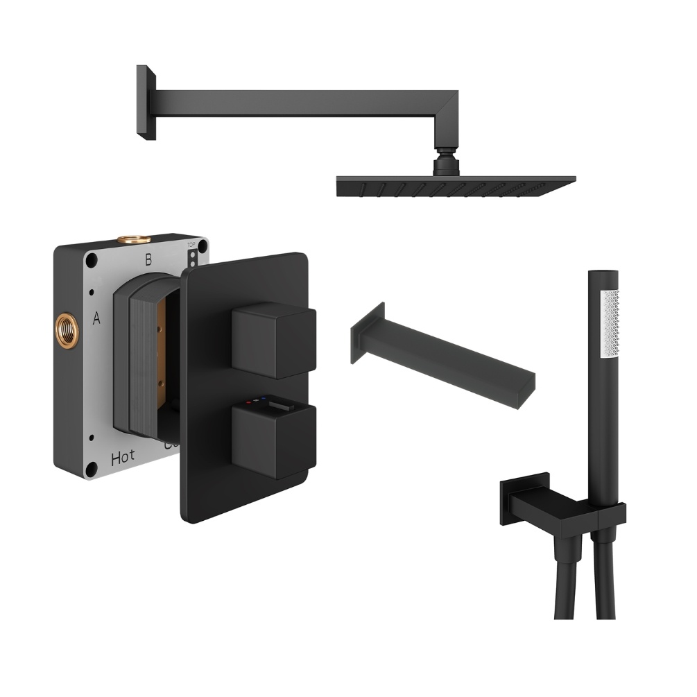 Product Cut out image of the Abacus Square Matt Black 3 Outlet Shower Pack with Bath Spout & Handset