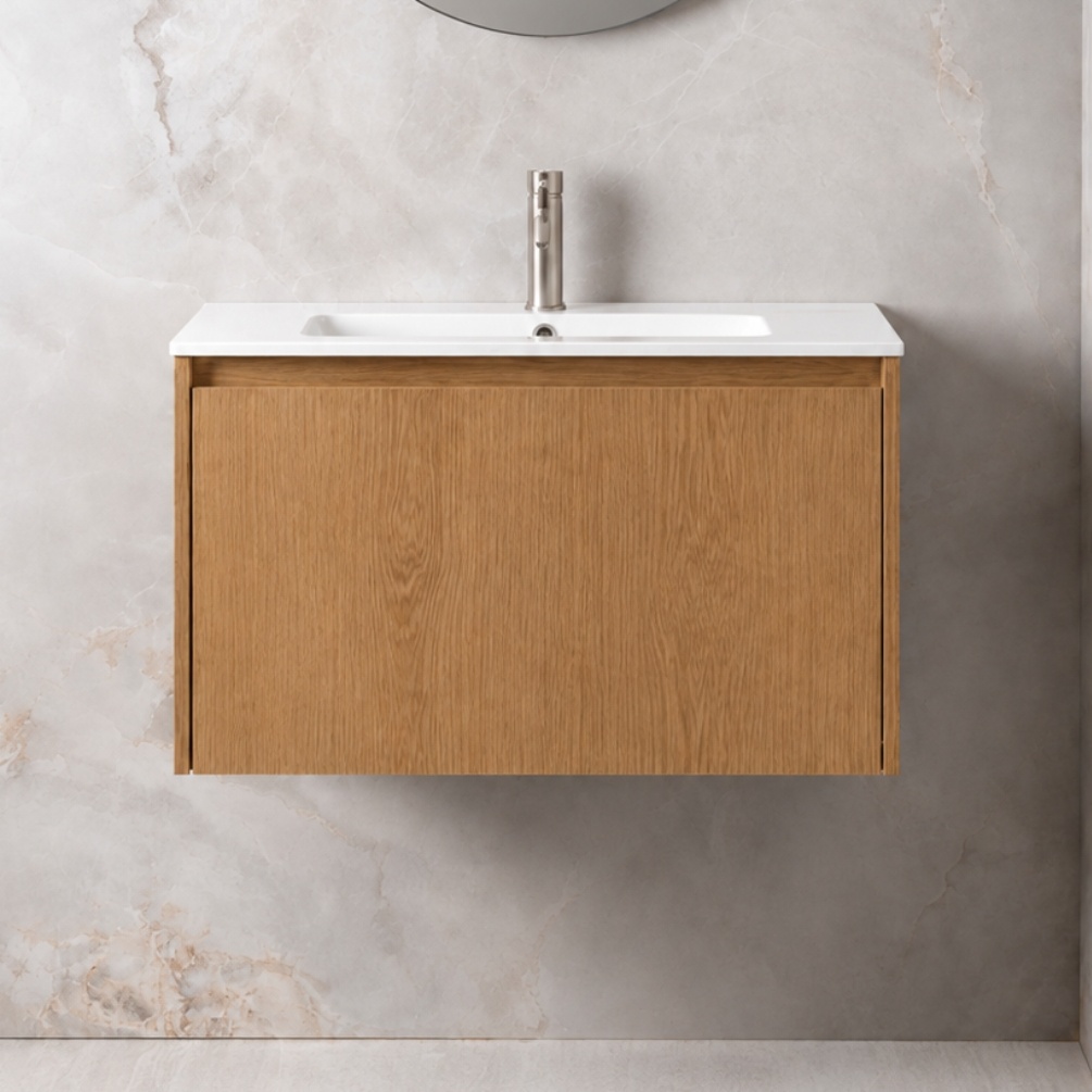 Montara 810mm x 465mm Oak Wall Hung Vanity Unit & Basin Lifestyle Image