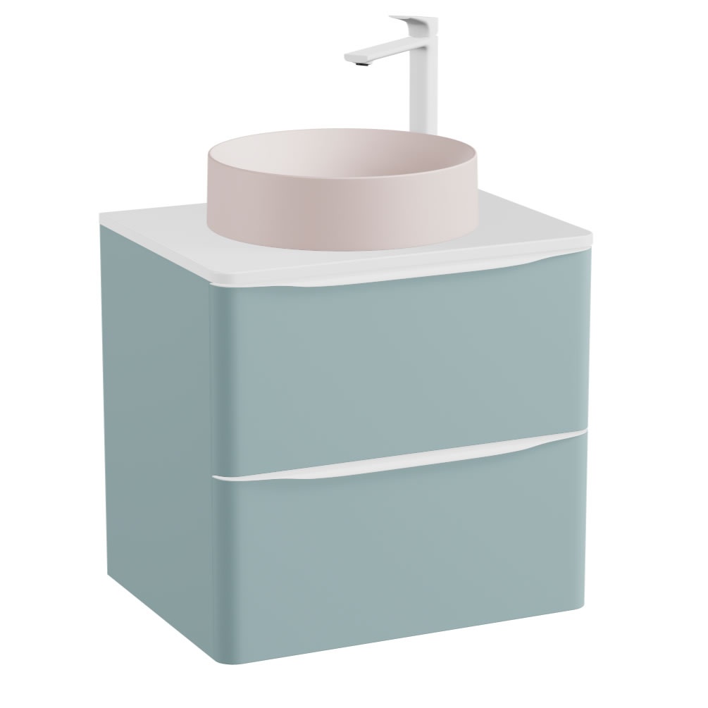 Vado Cameo 600mm Cove Blue Vanity Unit, Gloss White Worktop & Pink Basin