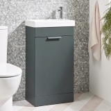 Product lifestyle photo image of Roper Rhodes Esta 450mm Freestanding Juniper Green Unit with 1 Tap Hole Basin and Catalina Juniper Green Colour Matched Handle - Close up ESVB45JNP