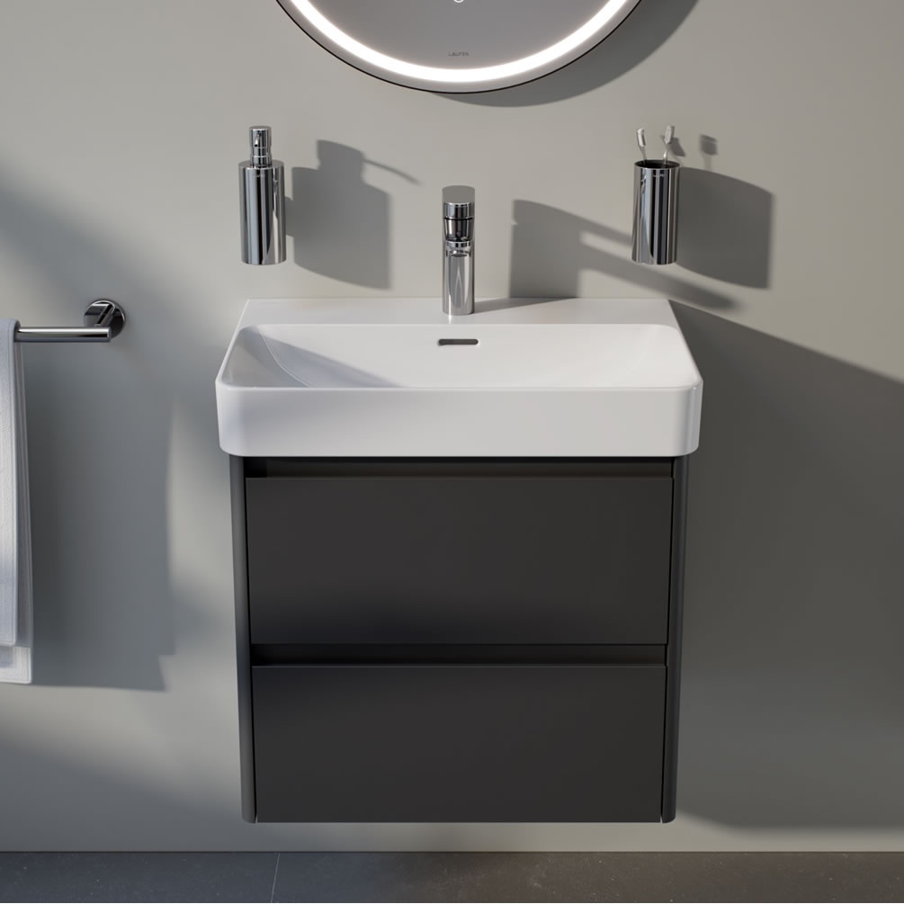 Lifestyle image of Laufen Base 2.0 Gloss Traffic Grey 600mm Wall-Hung Vanity Unit & Basin