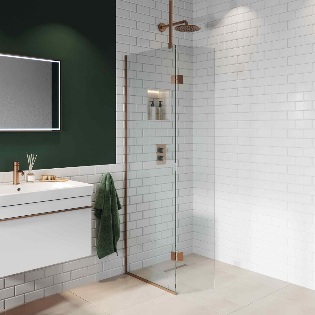 Lifestyle image of the Abacus Brushed Bronze 700mm Wetroom Screen with Ceiling Support & Deflector Panel