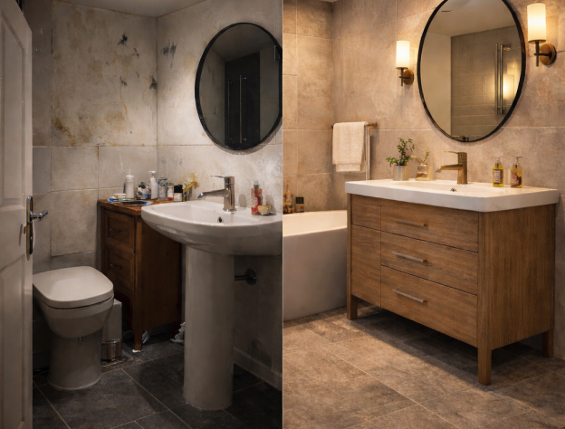 Side-by-side comparison image showing a badly renovated bathroom and a well renovated bathroom