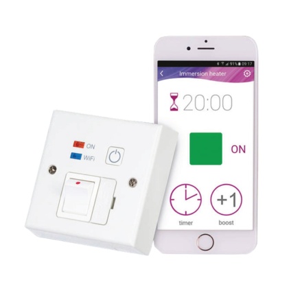 Product Cut out image of the Abacus WiFi Controlled Fused Spur next to an iPhone displaying the smart phone application