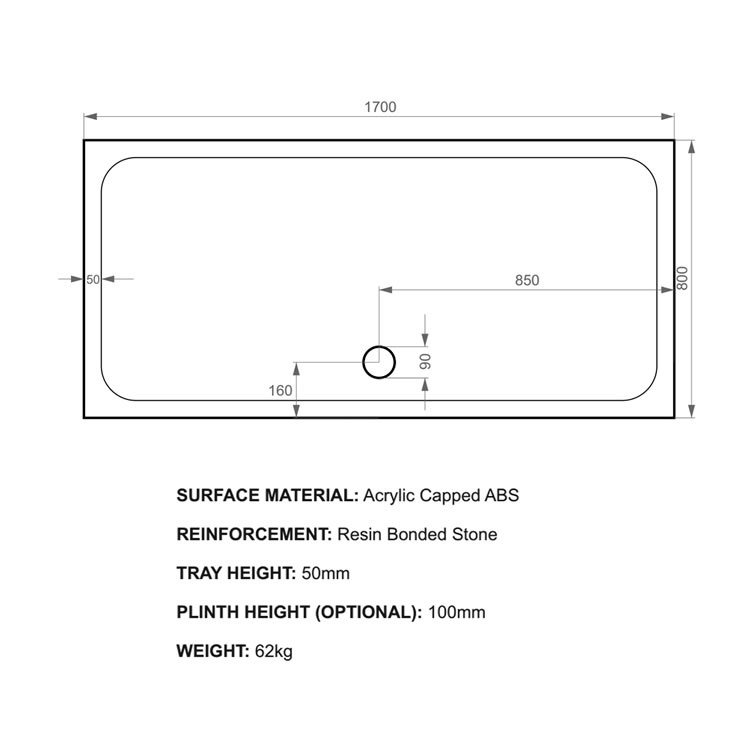 Kudos KStone 1700x800 Rectangle Shower Tray Sanctuary Bathrooms