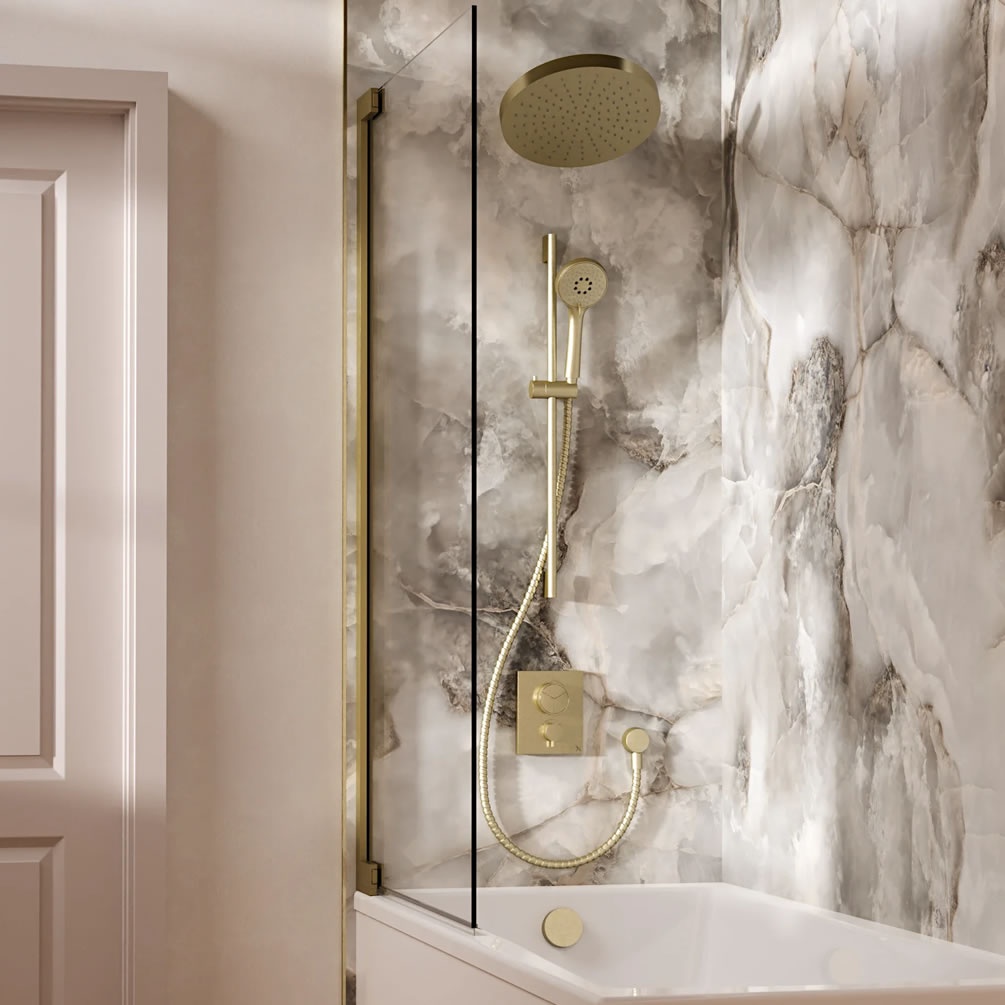 Lifestyle image of Crosswater Crossbox Push Brushed Brass Triple Outlet Revive Slide Rail Shower Bath Set