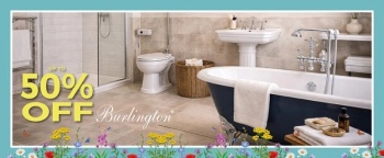image of a burlington freestanding shower bath with text saying up to 50% off burlington and britton