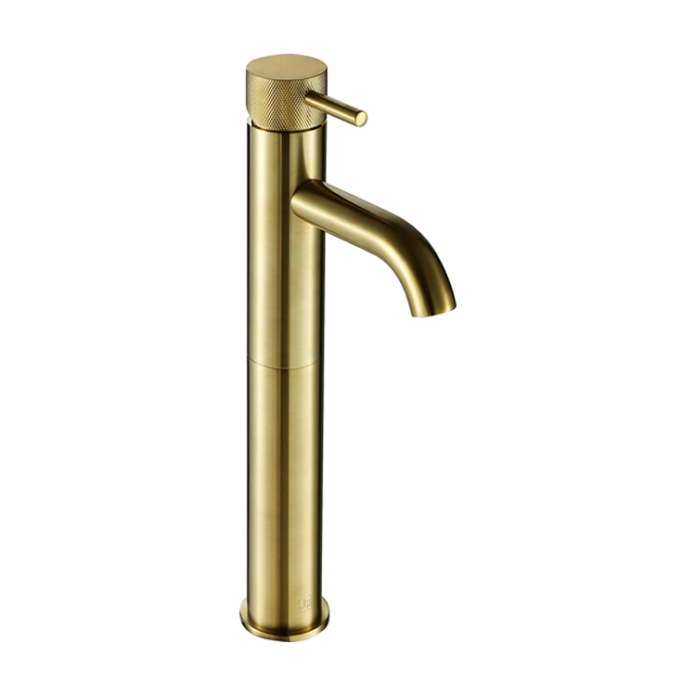 Photo of JTP Vos Brushed Brass Tall Basin Mixer with Designer Knurled Handle Cutout