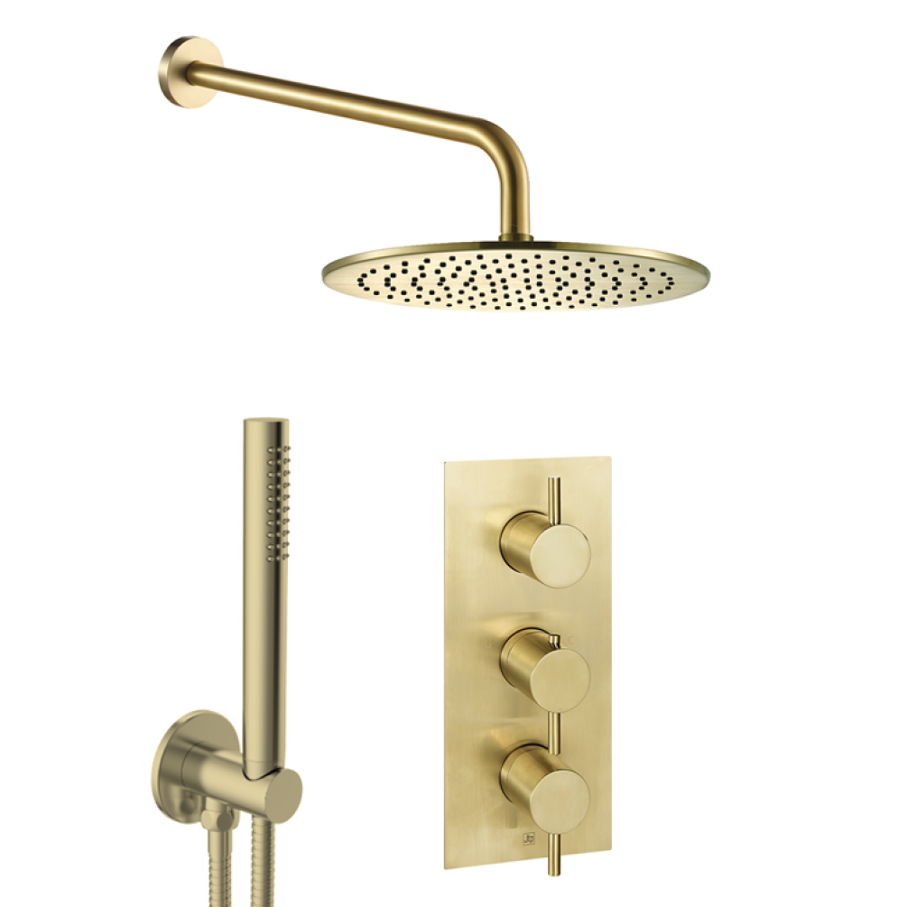 Product Cut out image of the JTP Vos Brushed Brass 2 Outlet 3 Handle Shower Pack with Fixed Head & Handset
