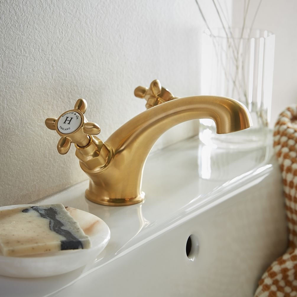 Booth & Co. Axbridge Cross White Brushed Brass Mono Basin Mixer - Lifestyle