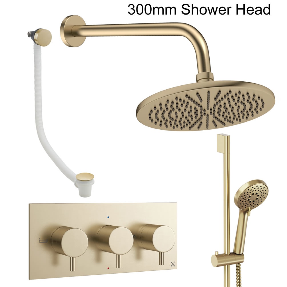 Cutout image of Crosswater Design Brushed Brass Three Outlet Slide Rail Shower Bath Set 300mm head