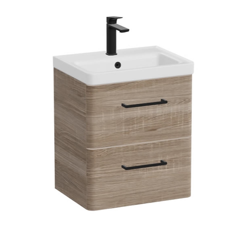 Vado Cameo 500mm Natural Oak Wall Hung 2 Drawer Vanity Unit & Ceramic Basin