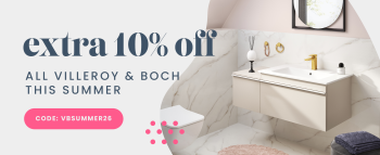 image of a wall hung vanity unit with gold brassware and marble tiles with a pink spotted pattern and text saying extra 10% off all villeroy & boch this summer promo code VBSUMMER26