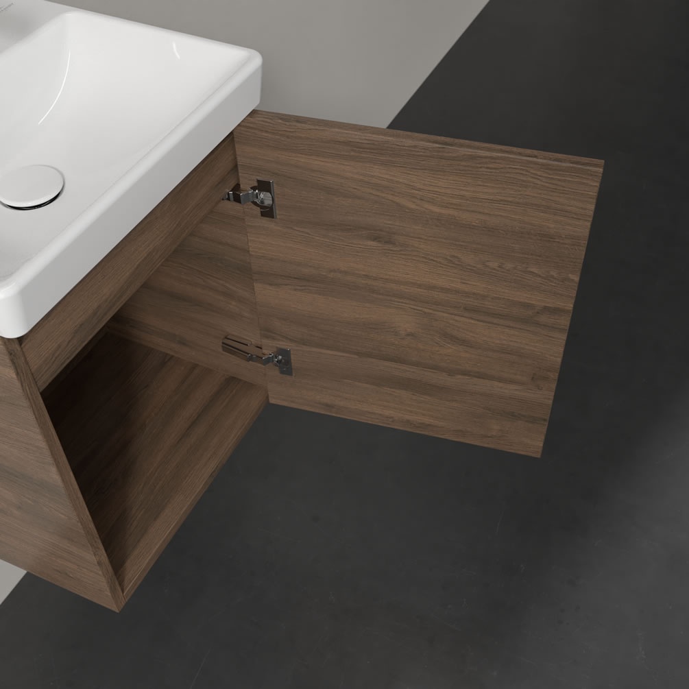 Closeup image of Villeroy & Boch Avento Arizona Oak 450mm Wall-Hung Basin Vanity Unit right sided