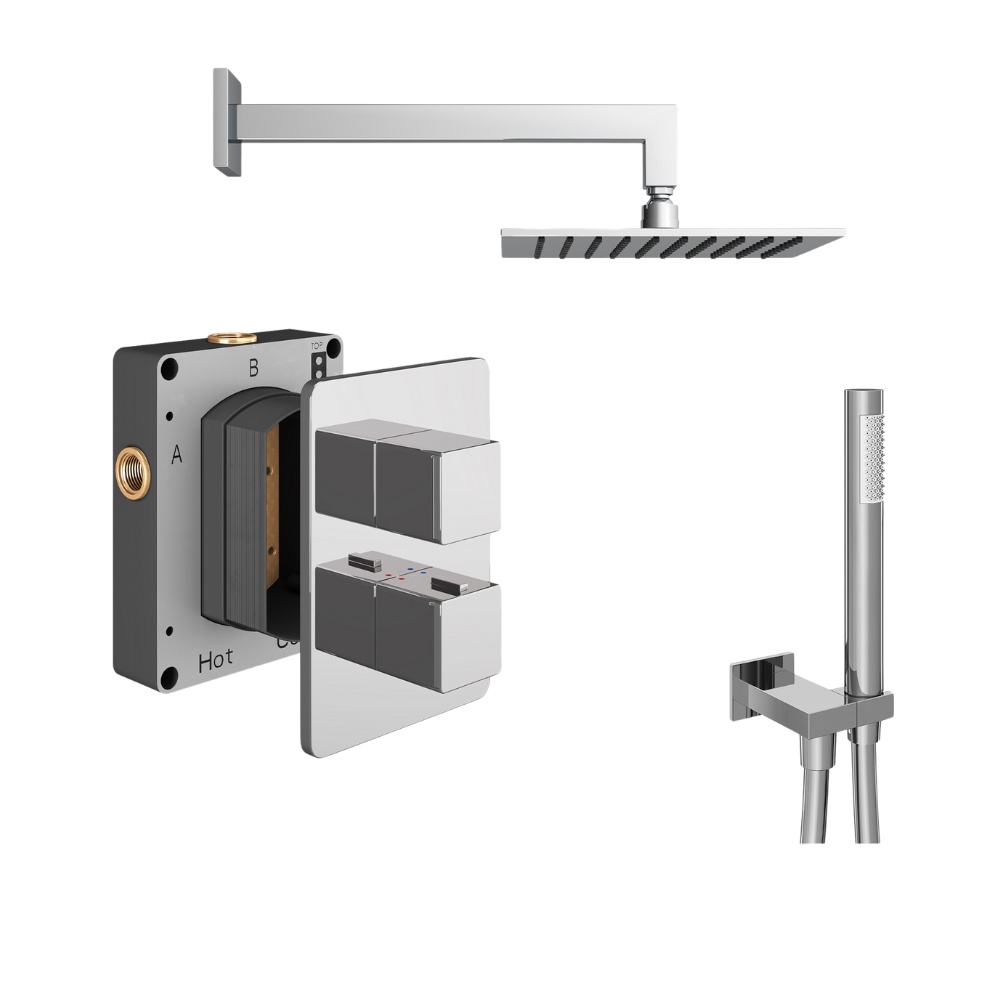 Product Cut out image of the Abacus Square Chrome 2 Outlet Shower Pack with Fixed Head & Handset