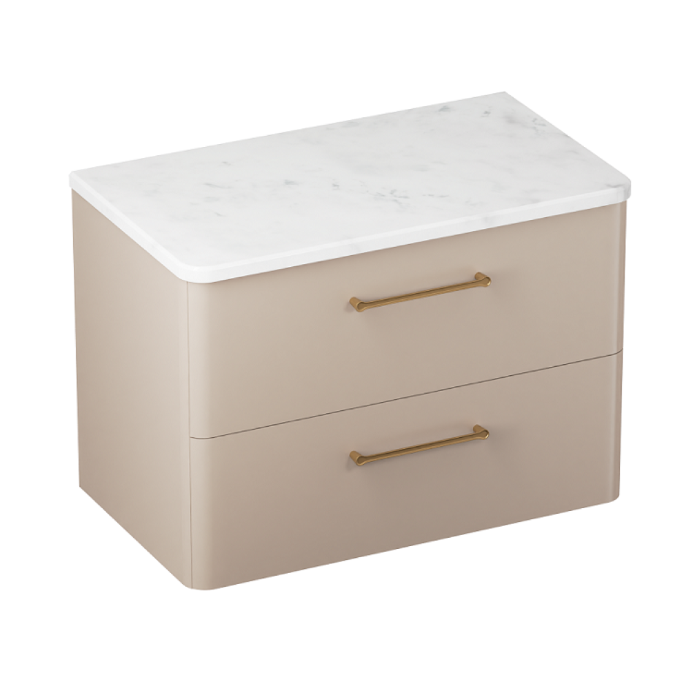 Product cut out photo of Britton Bathrooms Camberwell 800mm Warm Beige Wall Hung Vanity Unit with brass Handles C80DDM Side Angle