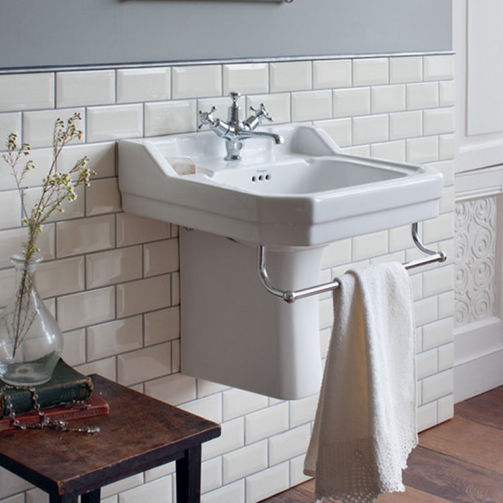 Product Lifestyle image of the Burlington Edwardian 610mm Basin & Semi Pedestal with optional Towel Rail