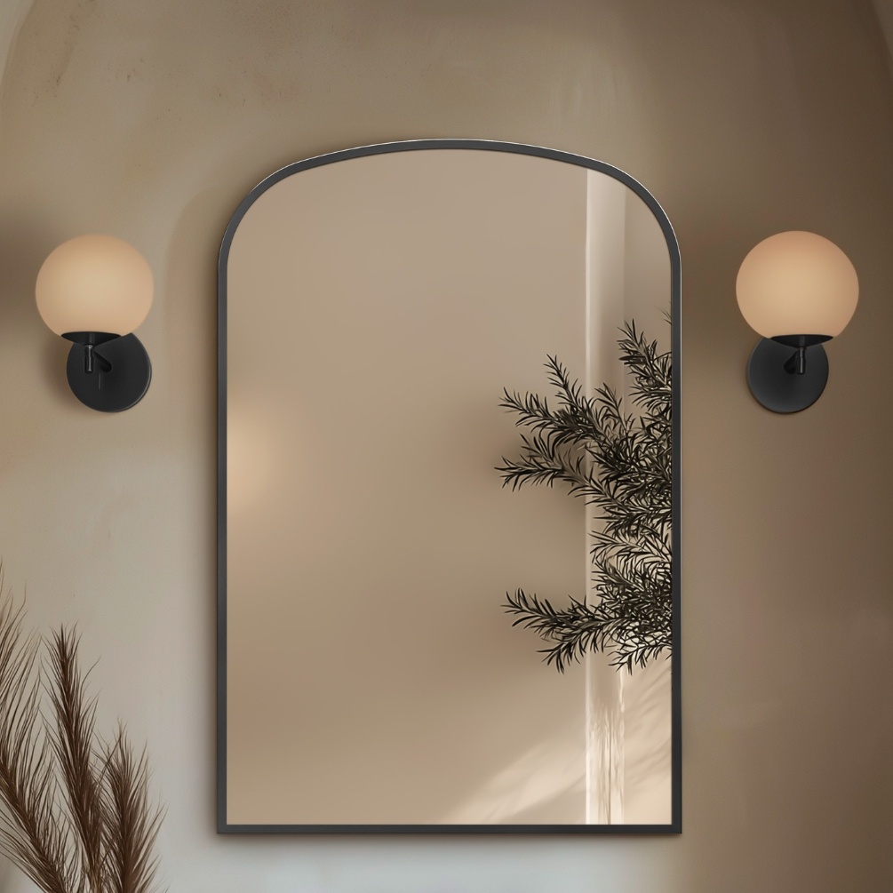Origins Living Delphine Gunmetal 600 x 900mm Overmantle Arch Mirror Lifestyle 2