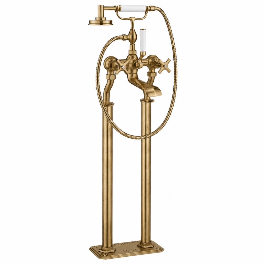 Cut out image of the Crosswater Waldorf Brushed Brass Freestanding Crosshead Bath Shower Mixer