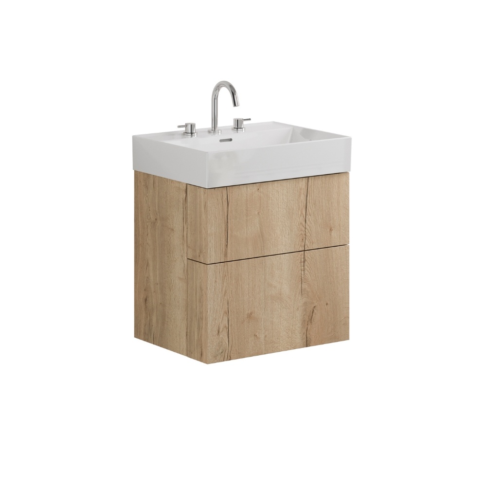 Product Cut out image of the Crosswater Avenue Windsor Oak 600mm Double Drawer Unit with a three tap hole basin