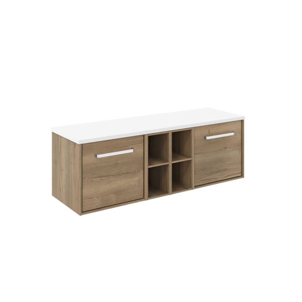 Cutout image of Crosswater Infinity 1400mm Windsor Oak Wall-Hung Vanity Unit & Polar White Worktop
