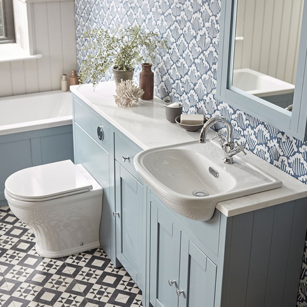 Lifestyle image of the Tavistock Lansdown 490mm Semi-Countertop Basin installed in a toilet & basin vanity unity
