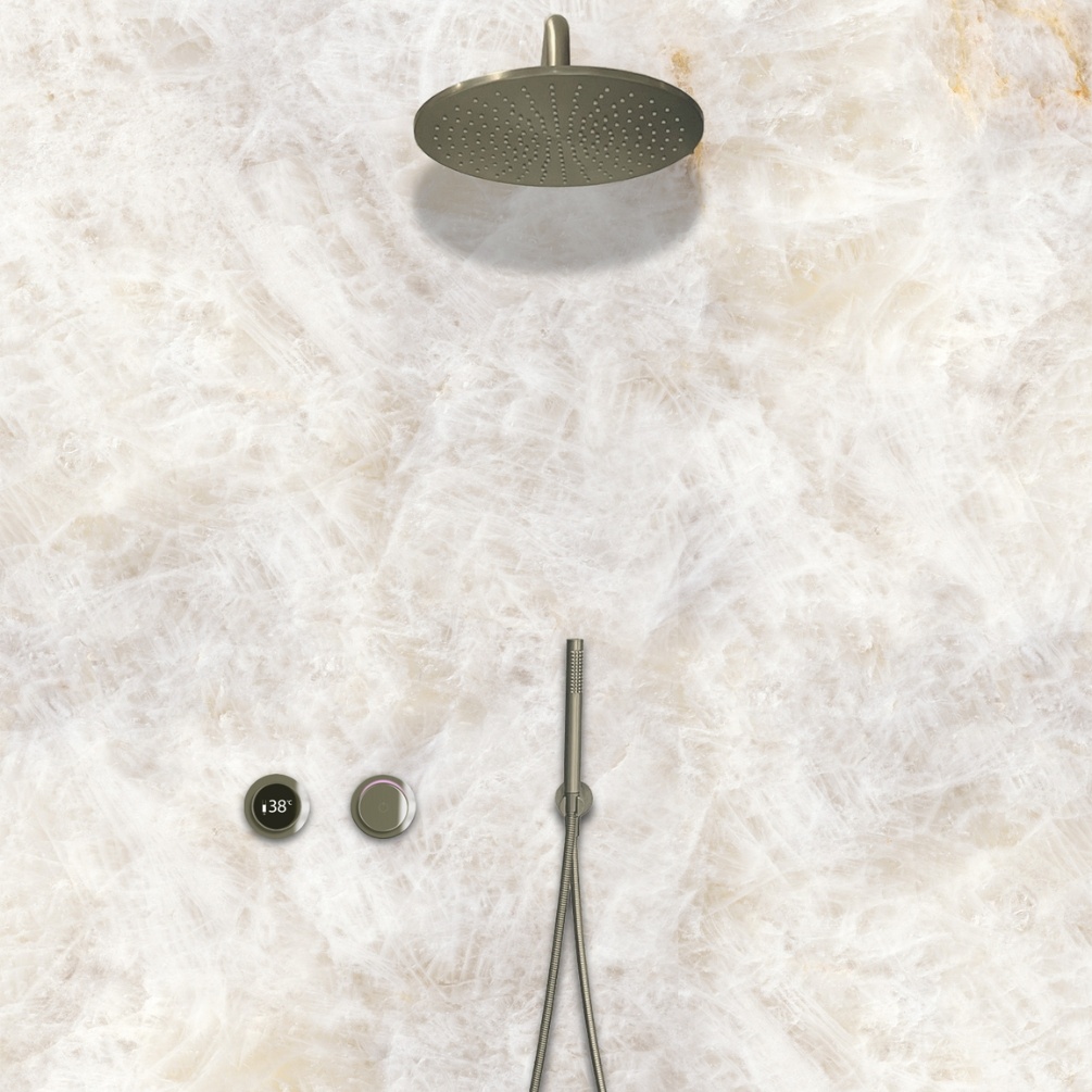 TED TOGO Brushed Nickel Dual Outlet Digital Rainfall Shower Set Lifestyle 1