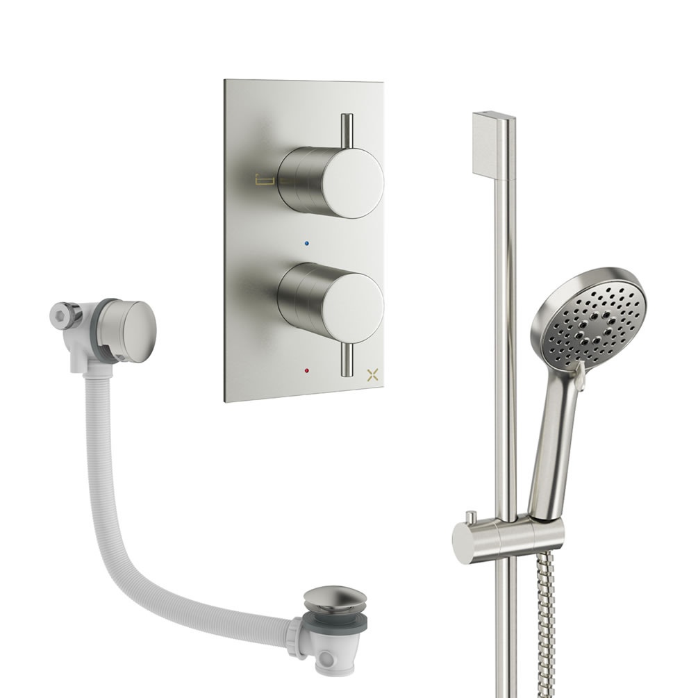 Cutout image of Crosswater Design Brushed Nickel Dual Outlet Slide Rail Shower Bath Set