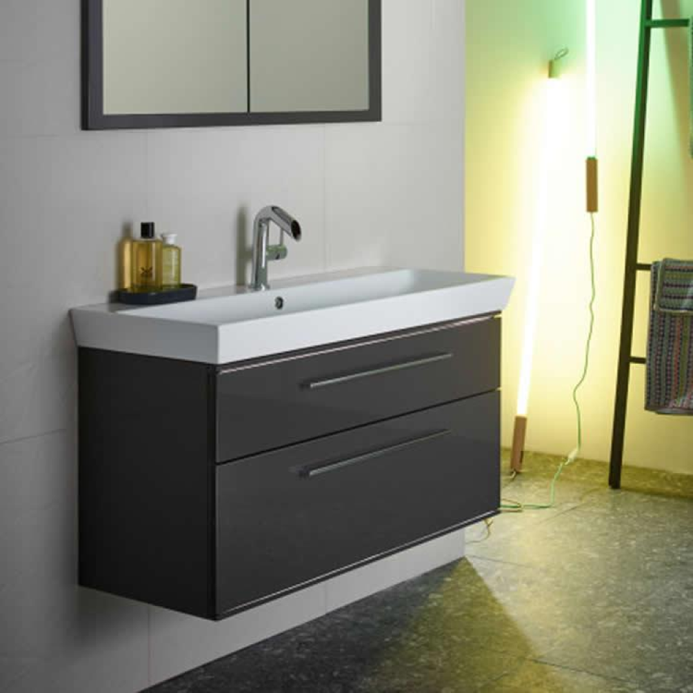 Lifestyle Photo of Roper Rhodes Scheme 1000mm Gloss Dark Clay Wall Mounted Vanity Unit and Basin 