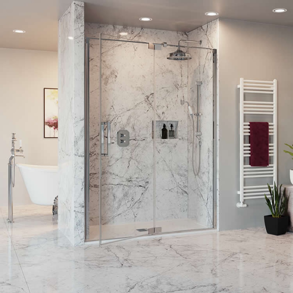 Lifestyle Photo of Crosswater Optix 10 Polished Stainless Steel Pivot Shower Door with Inline Panel
