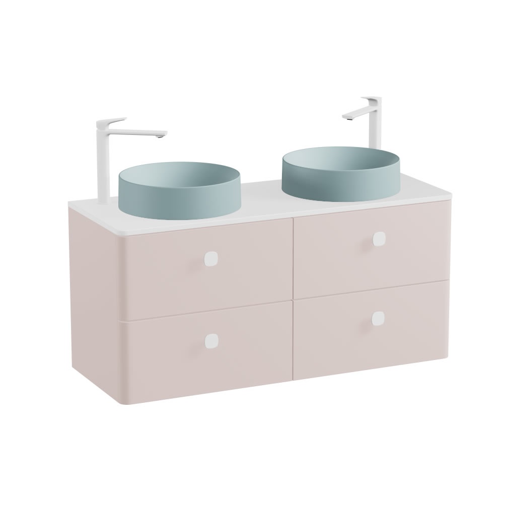 Vado Cameo 1200mm Pink Clay Wall Hung 4 Drawer Vanity Unit, Gloss Worktop & Cove Blue Basins