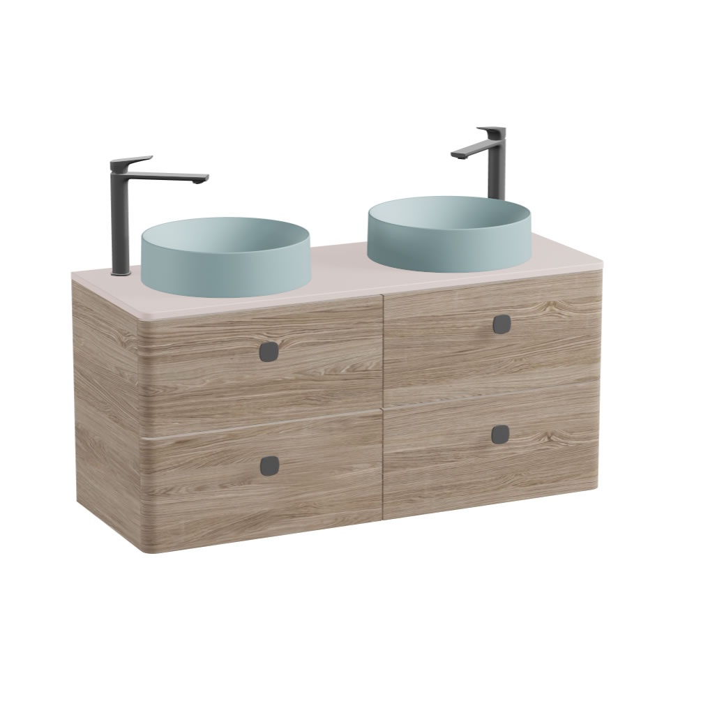 Vado Cameo 1200mm Natural Oak Wall Hung 4 Drawer Vanity Unit, Pink Clay Worktop & Cove Round Basins