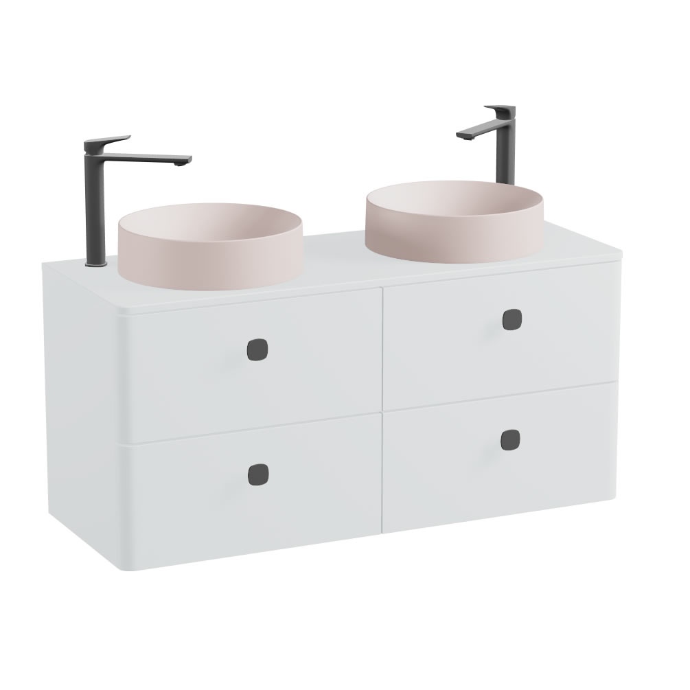 Vado Cameo 1200mm Arctic White Wall Hung 4 Drawer Vanity Unit, Worktop & Pink Basins