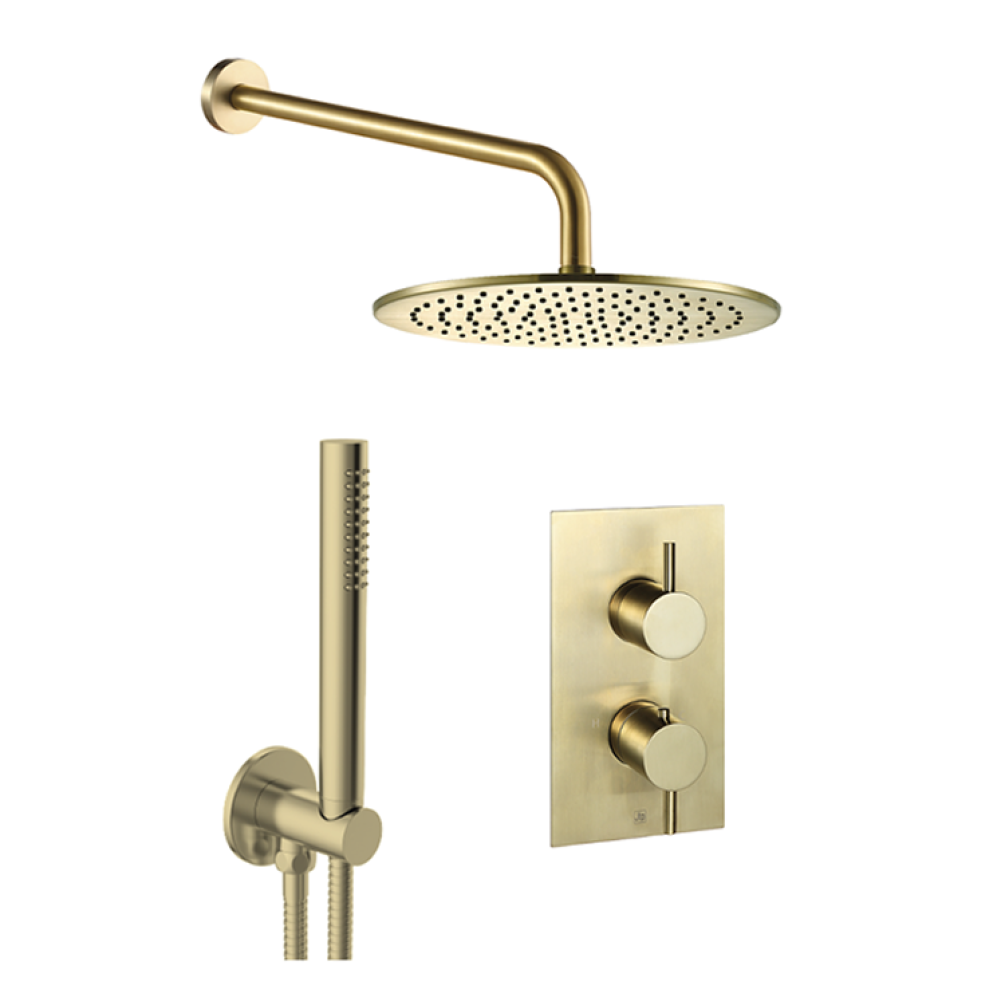 Photo of JTP Vos Brushed Brass 2 Outlet, 2 Control Fixed Head Shower Pack with Handset Cutout