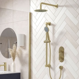 Lifestyle image of the Bristan Saffron Brushed Brass Thermostatic Shower
