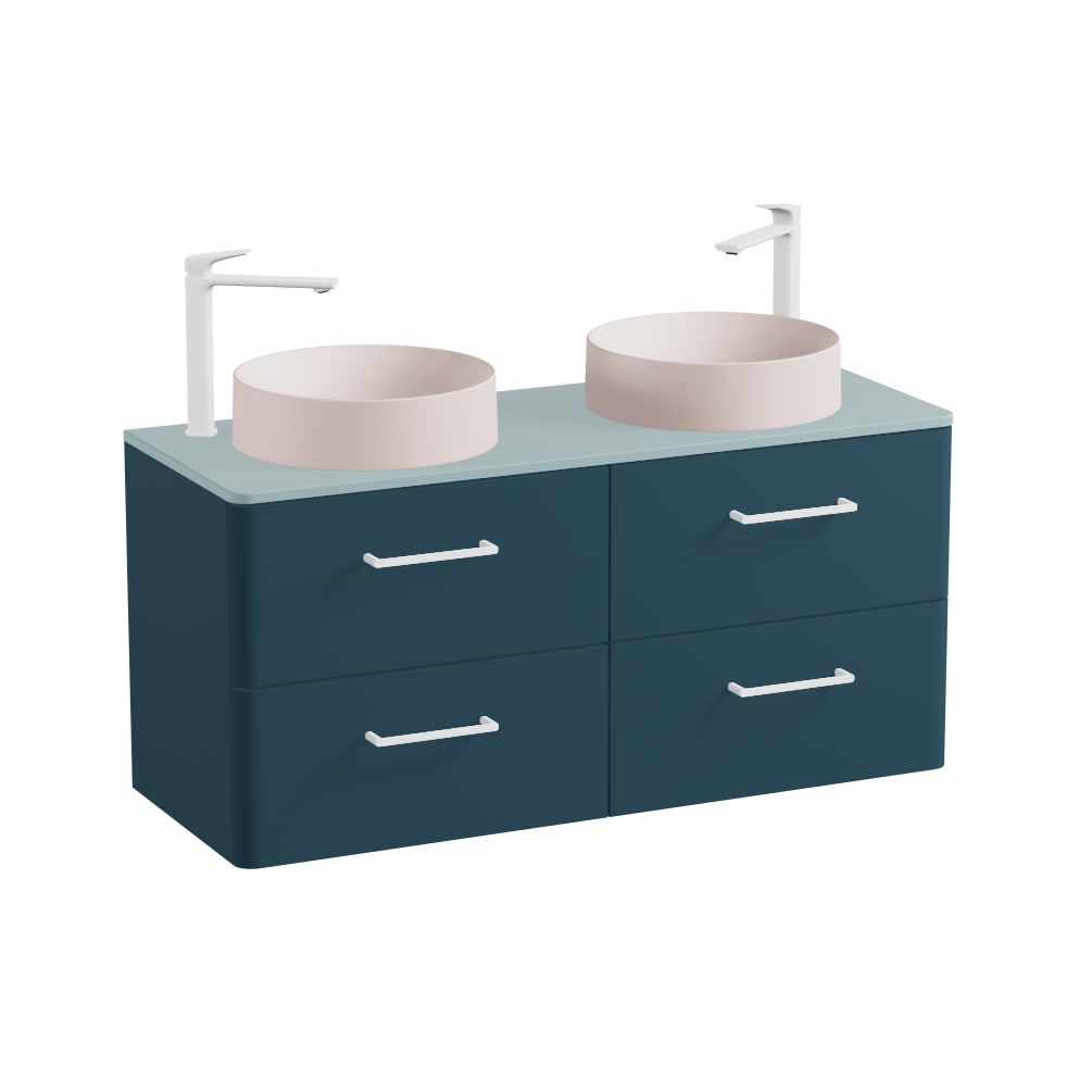 Vado Cameo 1200mm Atlantic Blue Wall Hung 4 Drawer Vanity Unit, Cove Blue Worktop & Pink Clay Basins