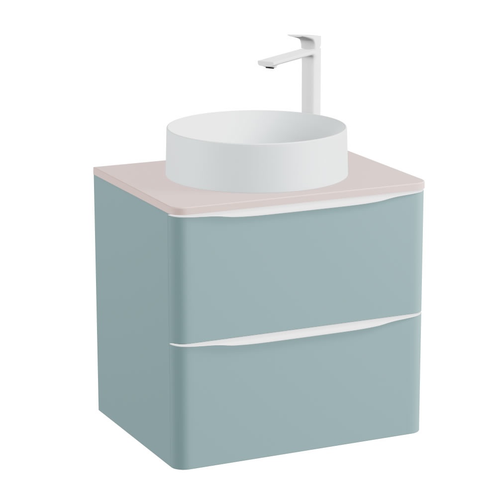 Vado Cameo 600mm Cove Blue Wall Hung 2 Drawer Vanity Unit, Pink Worktop & Arctic White Basin