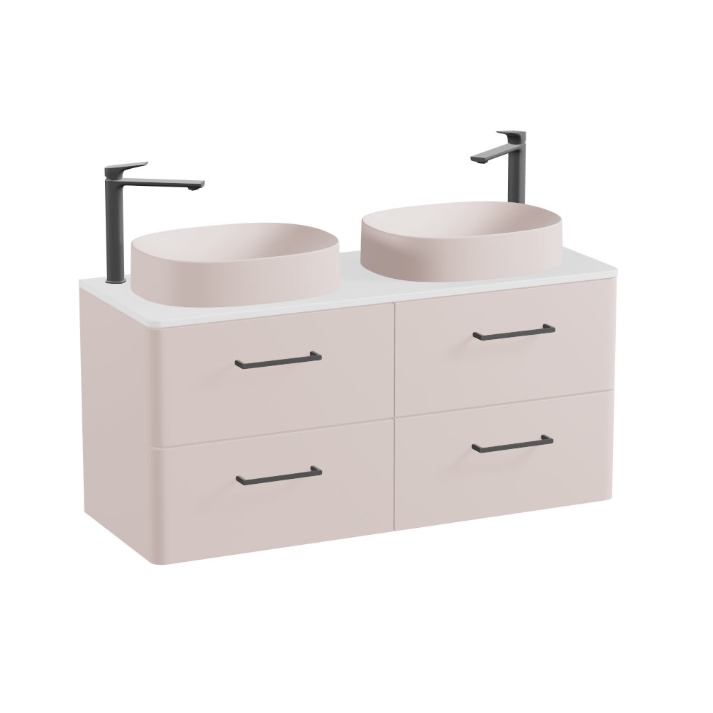 Vado Cameo 1200mm Pink Clay Wall Hung 4 Drawer Vanity Unit, Gloss Worktop & Pink Oval Basins