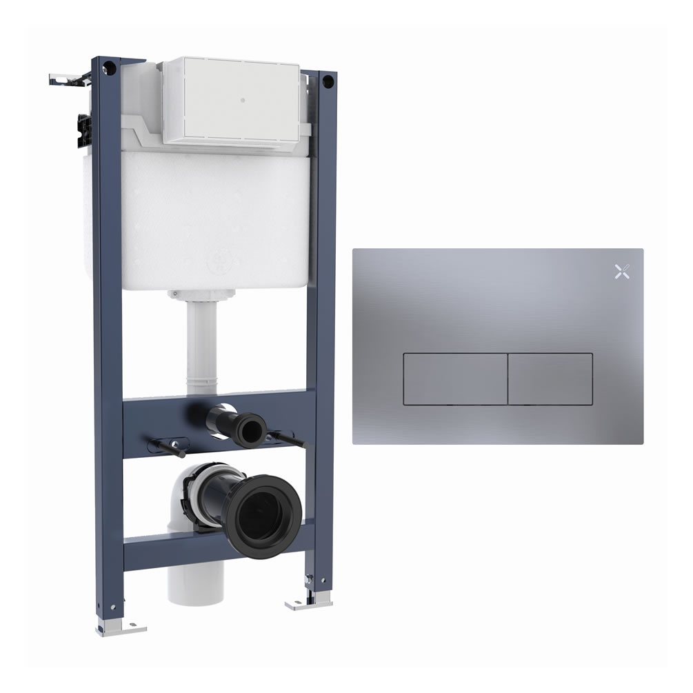 Cutout image of Crosswater 980mm Wall-Hung Cistern Frame & MPRO Stainless Steel Brushed Nickel Dual Flush Plate