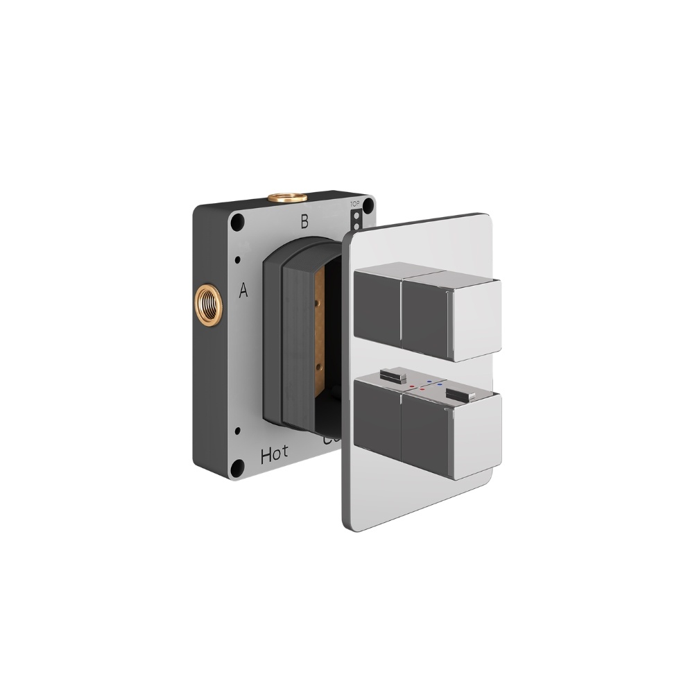 Product Cut out image of the Abacus Square Chrome 3 Outlet 2 Handle Thermostatic Shower Valve