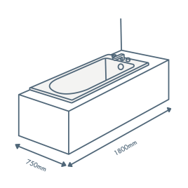 iconography image of a bathtub with 1800mm length text and 750mm width text illustrating this sized bath