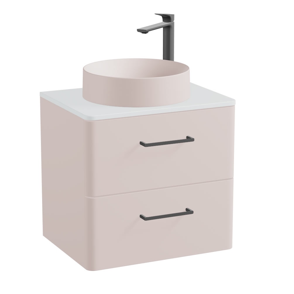 Vado Cameo 600mm Pink Clay Wall Hung 2 Drawer Vanity Unit, Arctic Worktop & Pink Basin