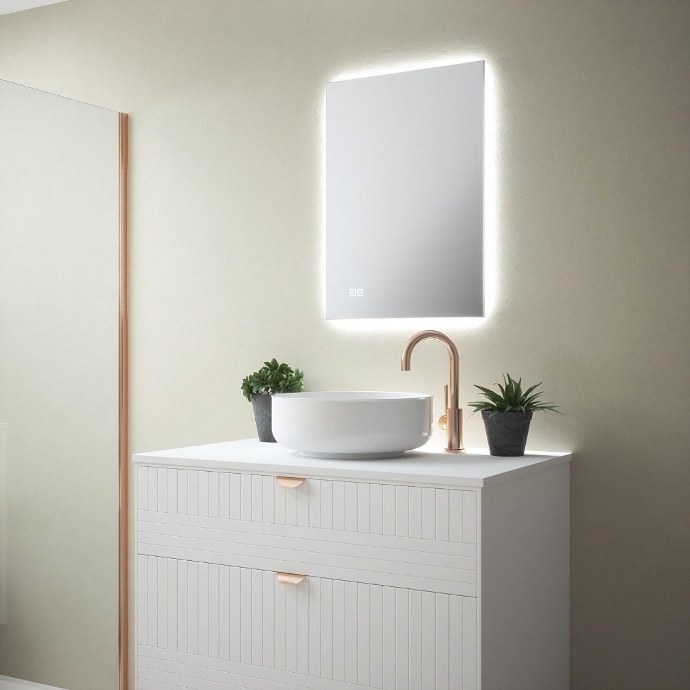 Product Lifestyle image of the Langley Backlit Rectangular LED Mirror installed in portrait
